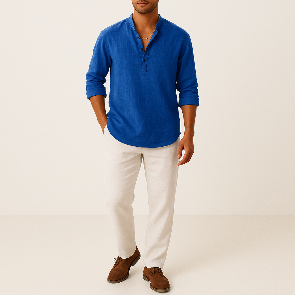 Men's Linen Blend Henley Shirt – Long Sleeve Casual Regular Fit