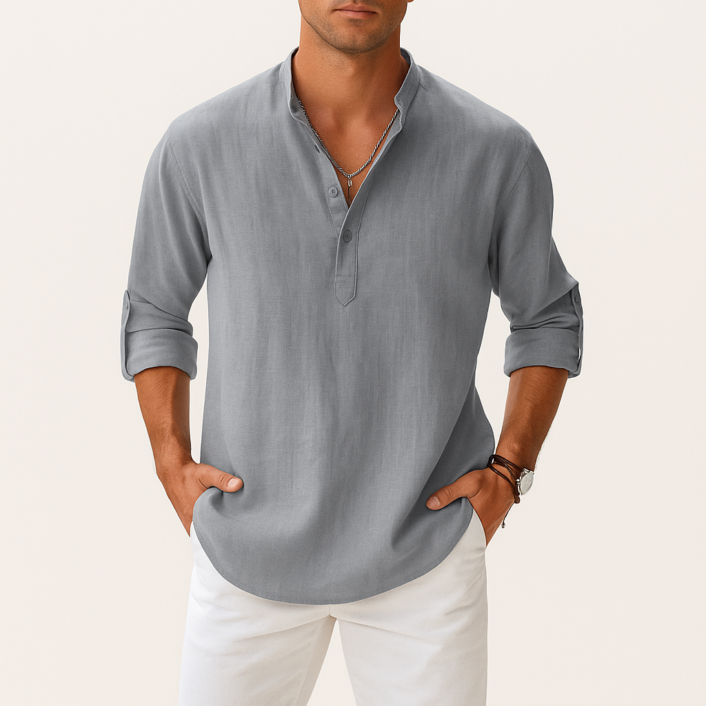 Men's Linen Blend Henley Shirt – Long Sleeve Casual Regular Fit