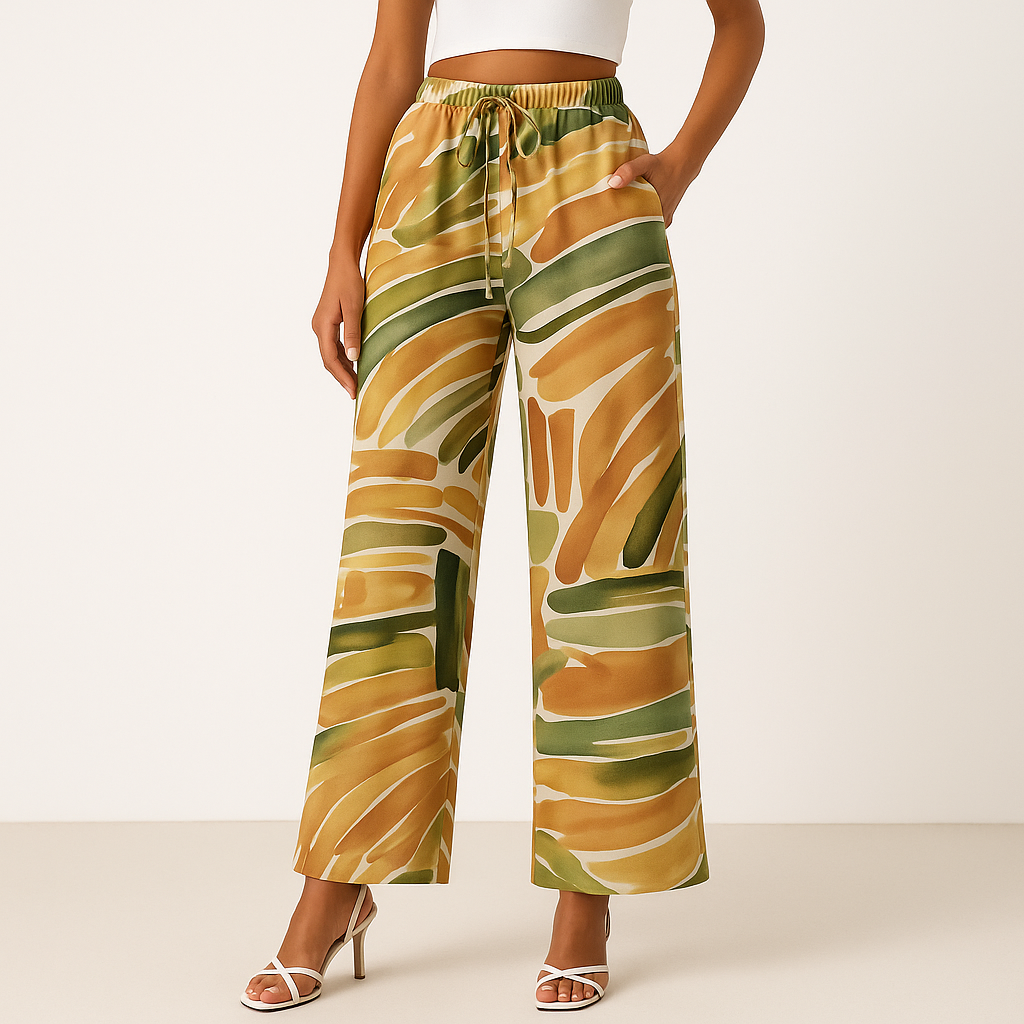 Women's Lightweight Abstract Print Wide-Leg Trousers with Elastic Waist