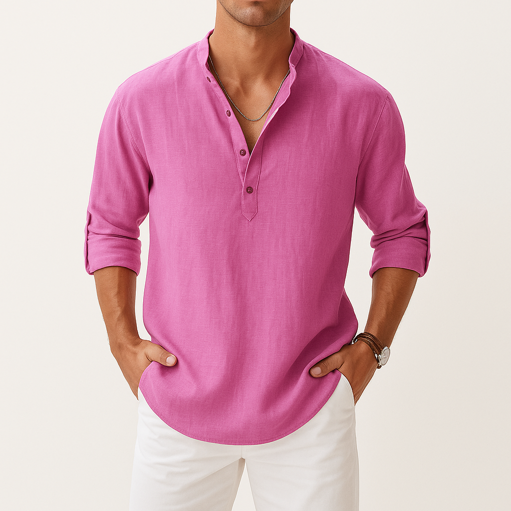 Men's Linen Blend Henley Shirt – Long Sleeve Casual Regular Fit