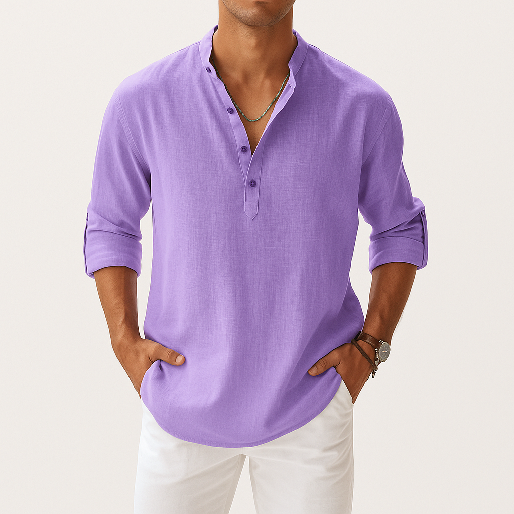 Men's Linen Blend Henley Shirt – Long Sleeve Casual Regular Fit