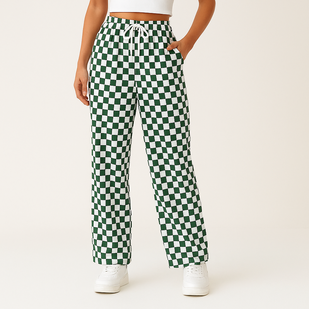 Women's Checkered Wide-Leg Trousers with Elastic Drawstring Waist