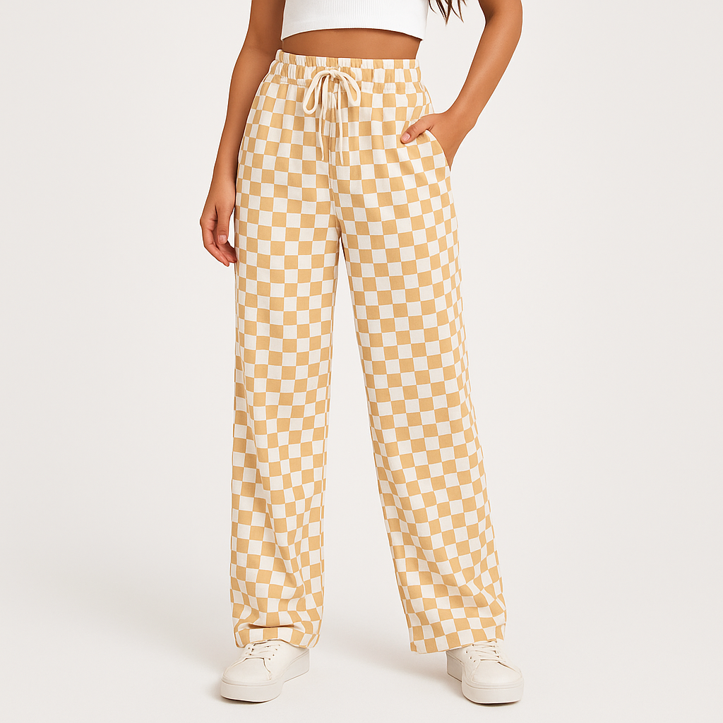 Women's Checkered Wide-Leg Trousers with Elastic Drawstring Waist