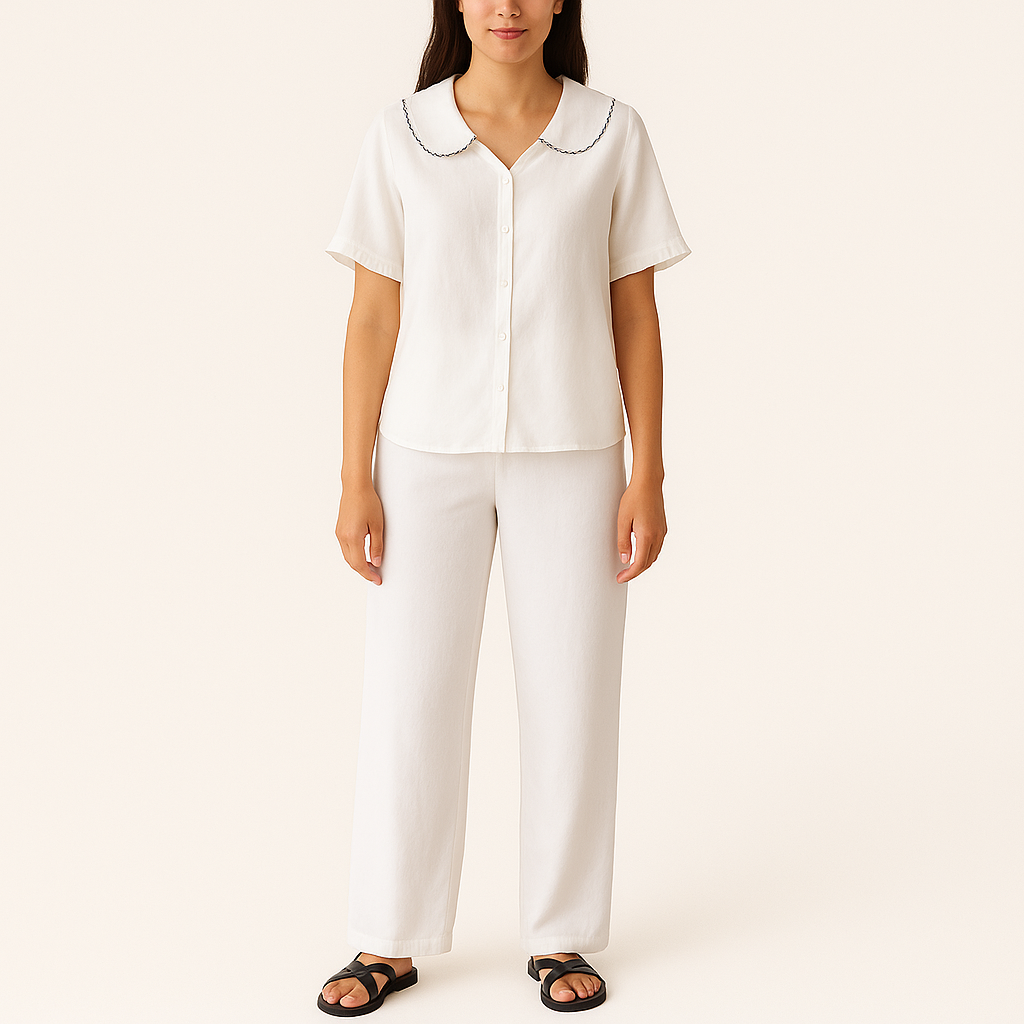 Women's Navy Cotton-Linen Short Sleeve Shirt with Doll Collar