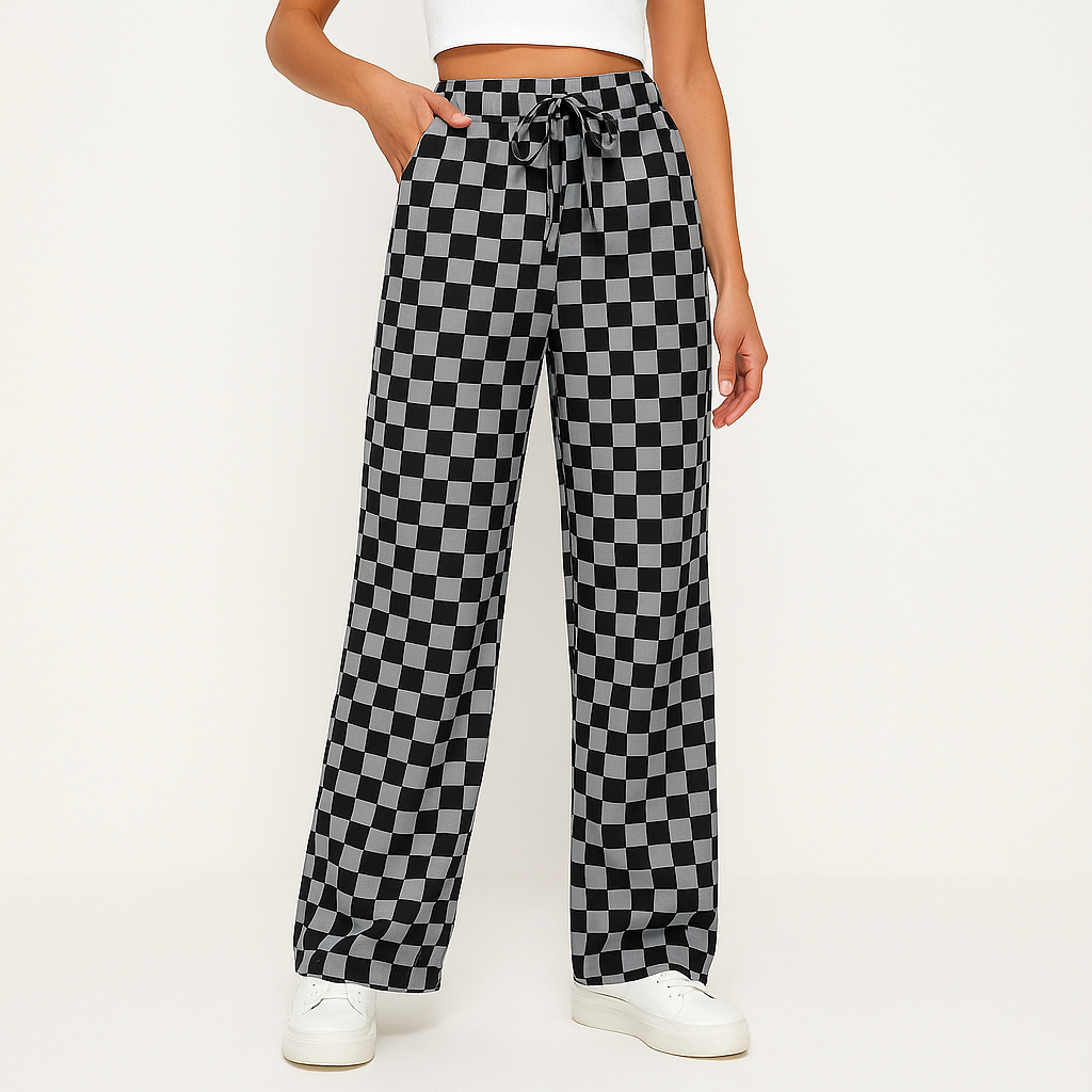 Women's Checkered Wide-Leg Trousers with Elastic Drawstring Waist