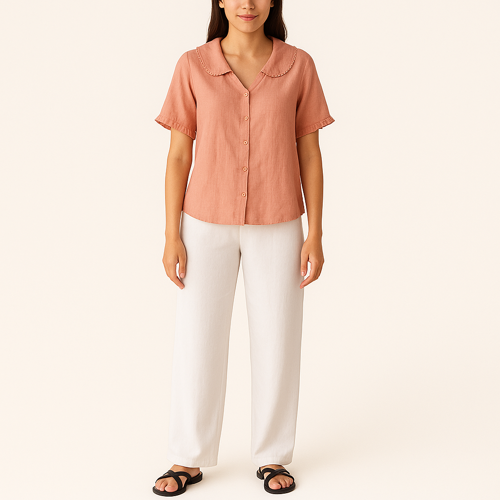 Women's Navy Cotton-Linen Short Sleeve Shirt with Doll Collar