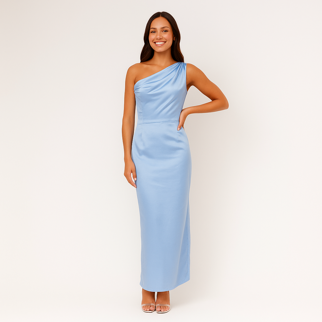 Elegant Satin One-Shoulder Midi Dress with Draped Bodice