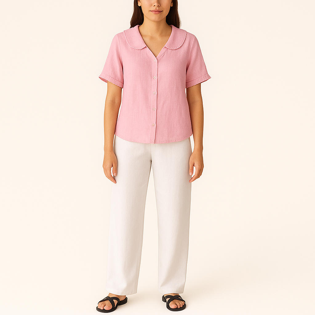 Women's Navy Cotton-Linen Short Sleeve Shirt with Doll Collar