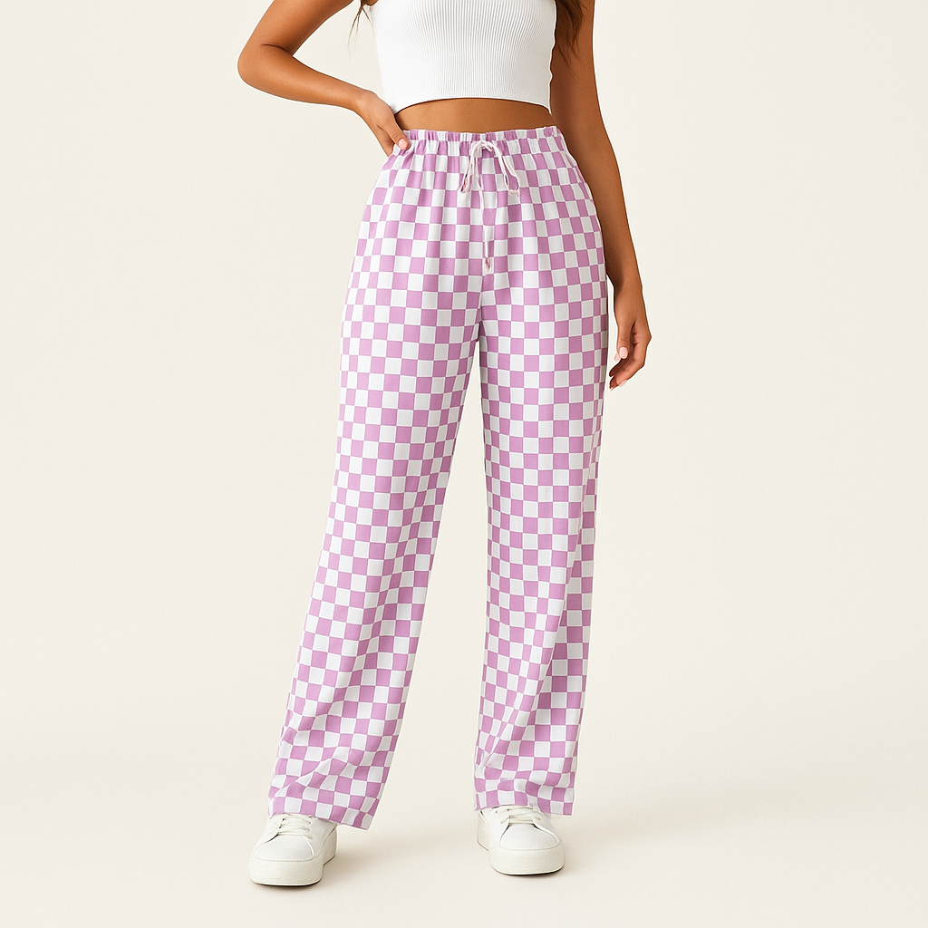 Women's Checkered Wide-Leg Trousers with Elastic Drawstring Waist