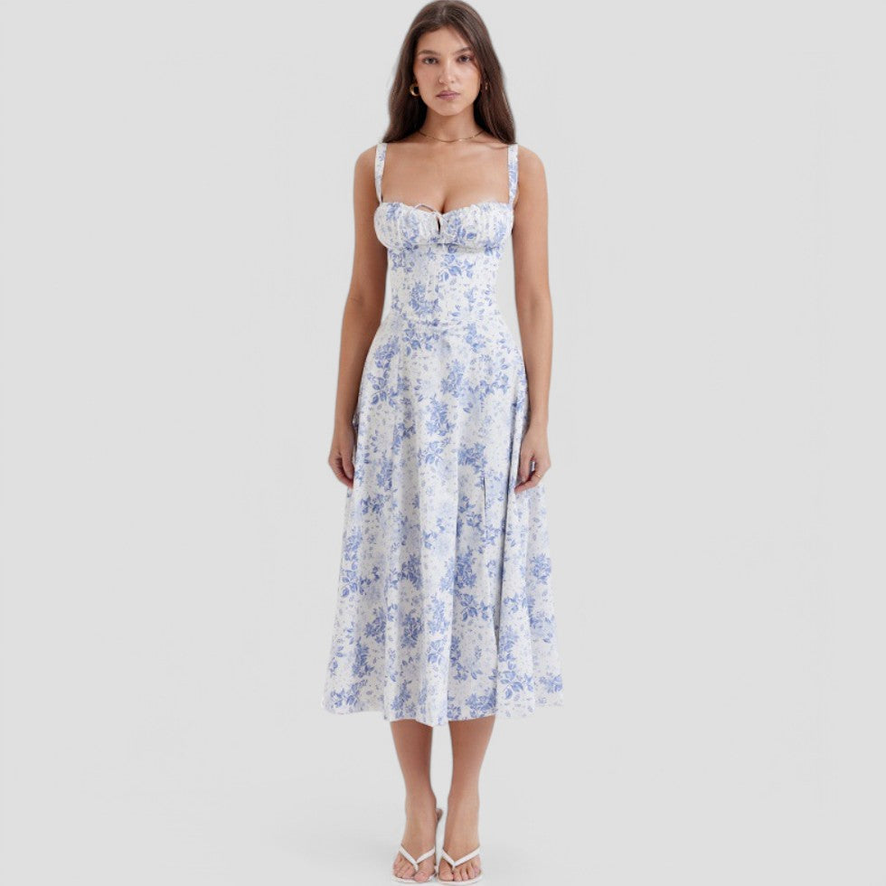Vintage Floral Corset Midi Dress – Romantic Spring Style