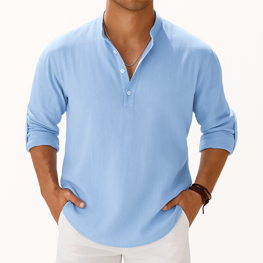 Men’s Cotton-Linen Henley Shirt – Long Sleeve with Band Collar