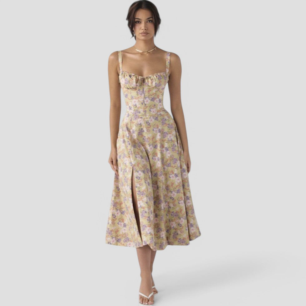 Vintage Floral Corset Midi Dress – Romantic Spring Style