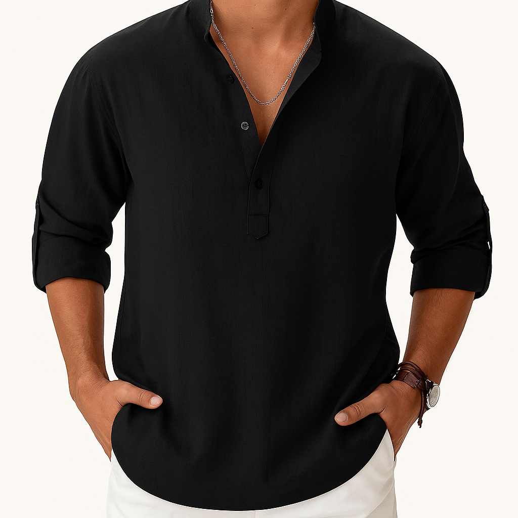 Men’s Cotton-Linen Henley Shirt – Long Sleeve with Band Collar