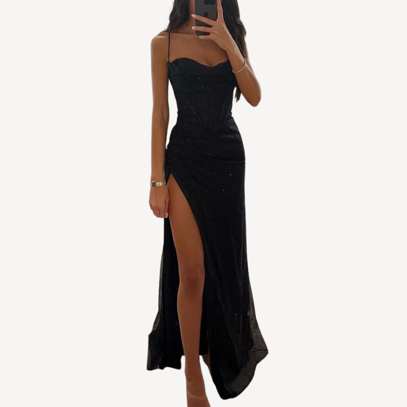 Women's Satin Corset Maxi Dress – Elegant Formal Gown with Thigh Slit