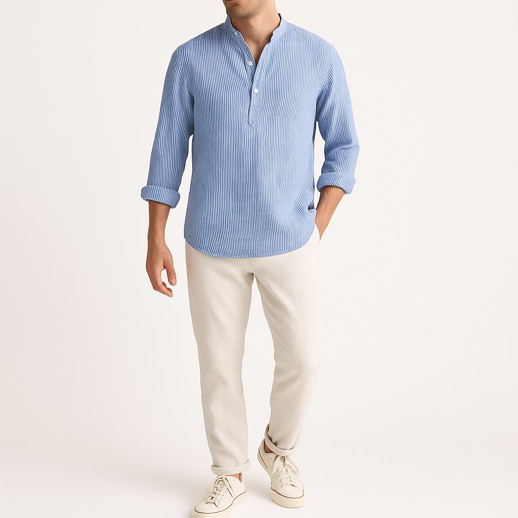 Men’s Striped Cotton-Linen Henley Shirt – Band Collar, Long Sleeve, Casual Fit
