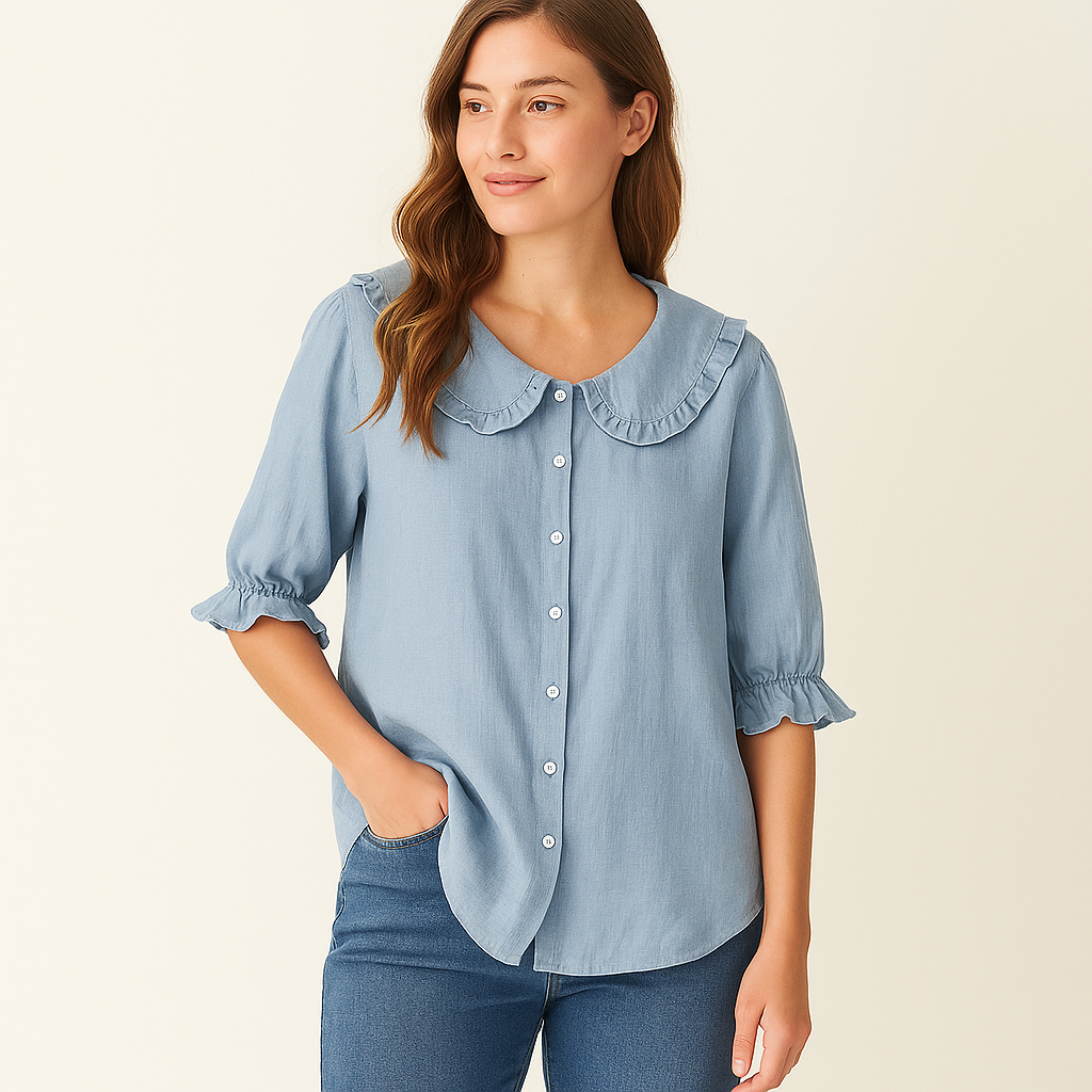 Women's Cotton Linen Blouse with Ruffled Peter Pan Collar