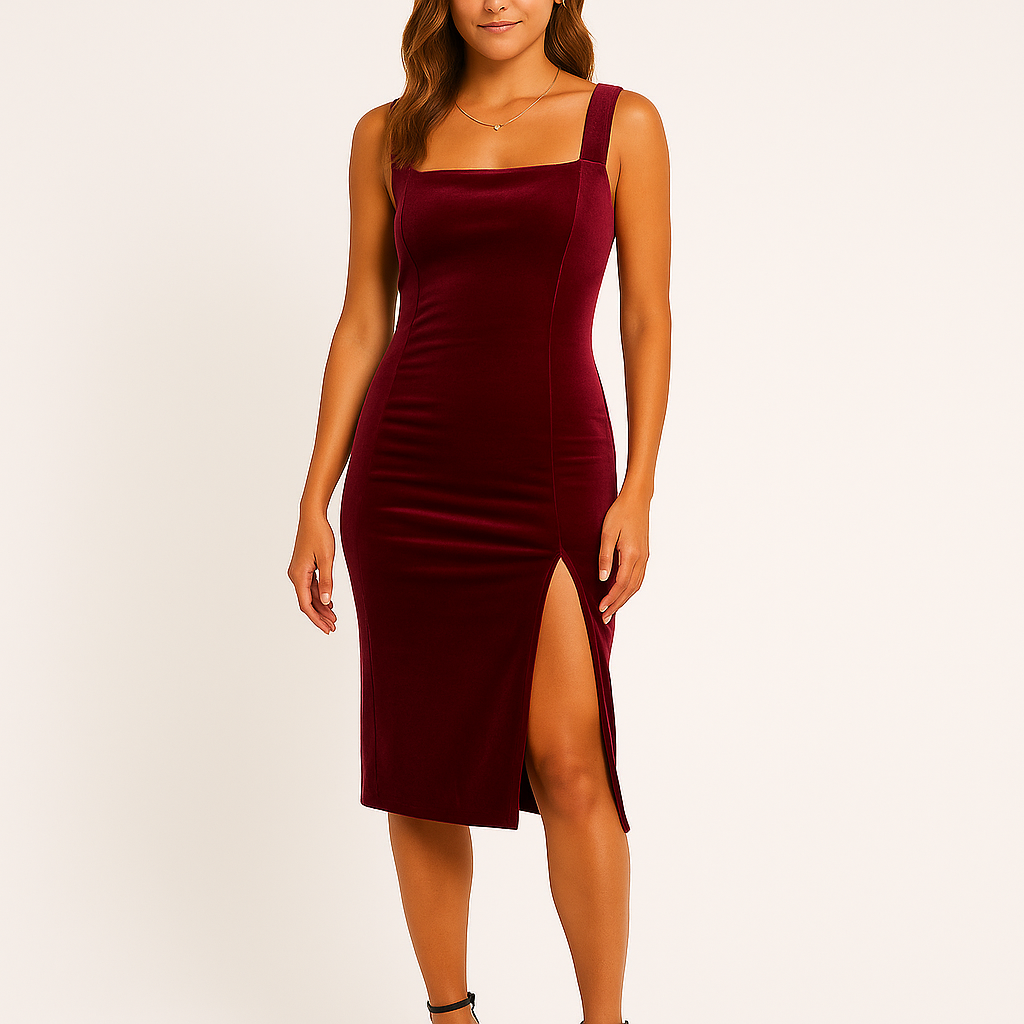 Women's Velvet Midi Dress – Square Neck – Spaghetti Straps – Side Slit