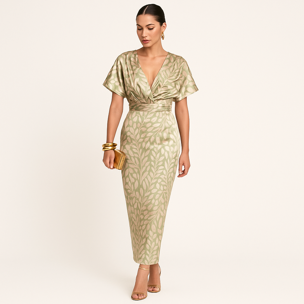 Satin Floral V-Neck Midi Dress – Short Sleeve Pleated Summer Style