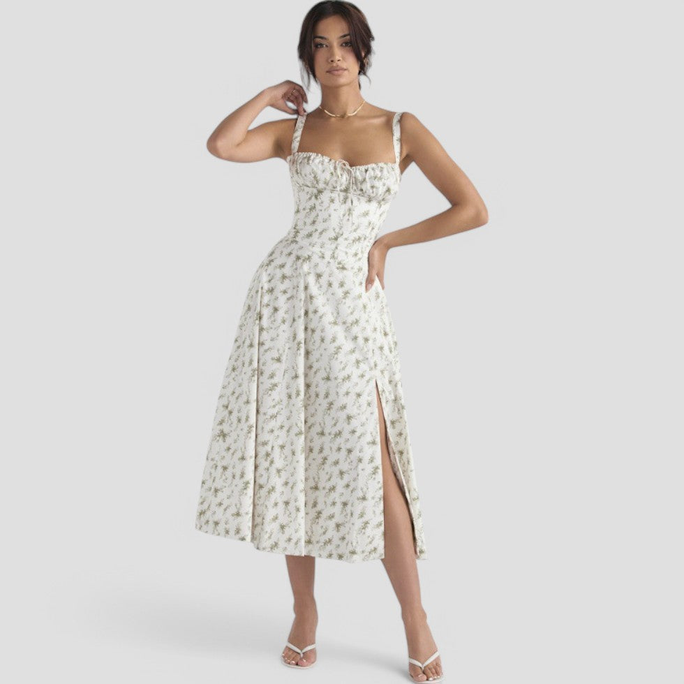 Vintage Floral Corset Midi Dress – Romantic Spring Style