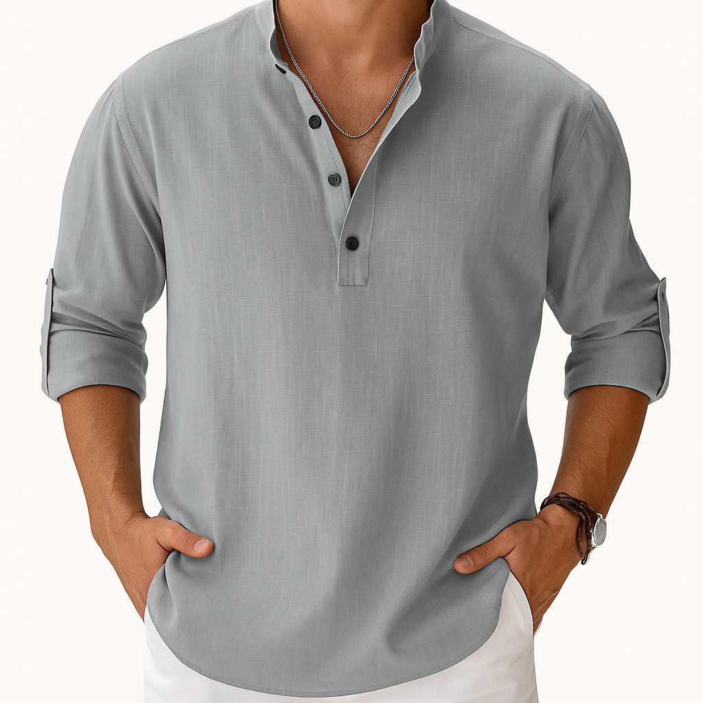 Men’s Cotton-Linen Henley Shirt – Long Sleeve with Band Collar