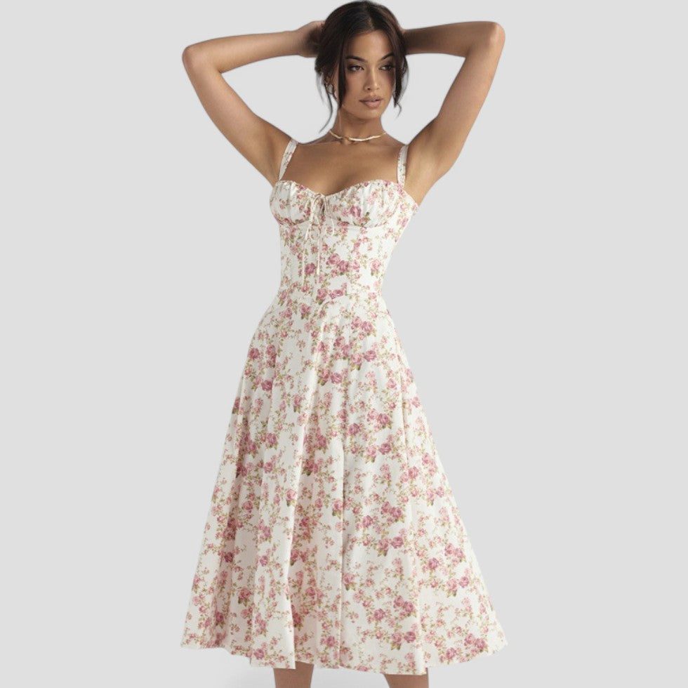 Vintage Floral Corset Midi Dress – Romantic Spring Style