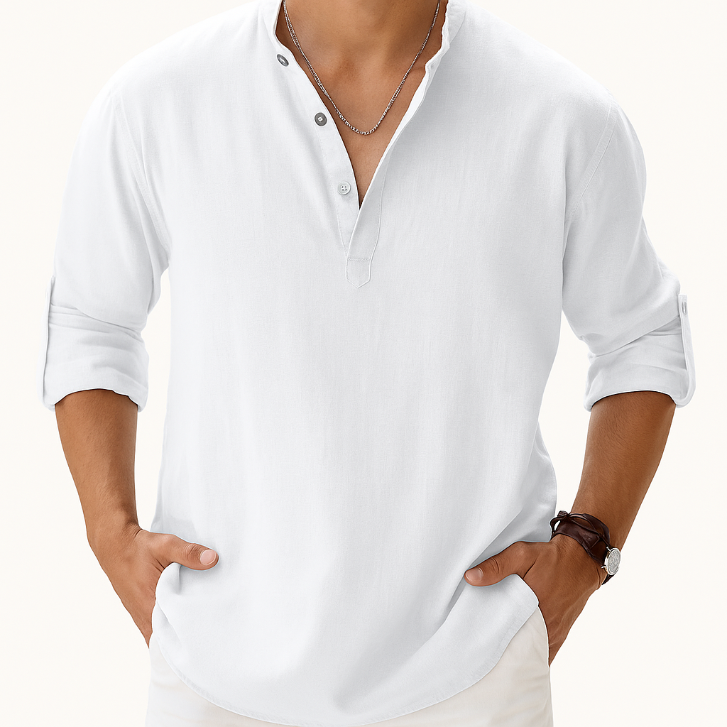 Men’s Cotton-Linen Henley Shirt – Long Sleeve with Band Collar