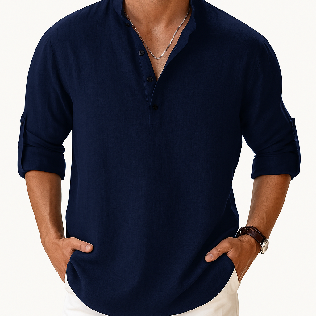 Men’s Cotton-Linen Henley Shirt – Long Sleeve with Band Collar