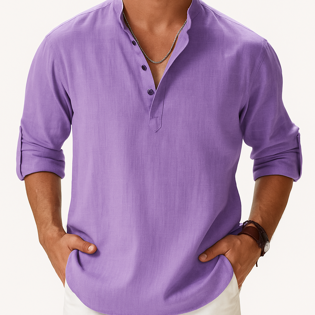 Men’s Cotton-Linen Henley Shirt – Long Sleeve with Band Collar