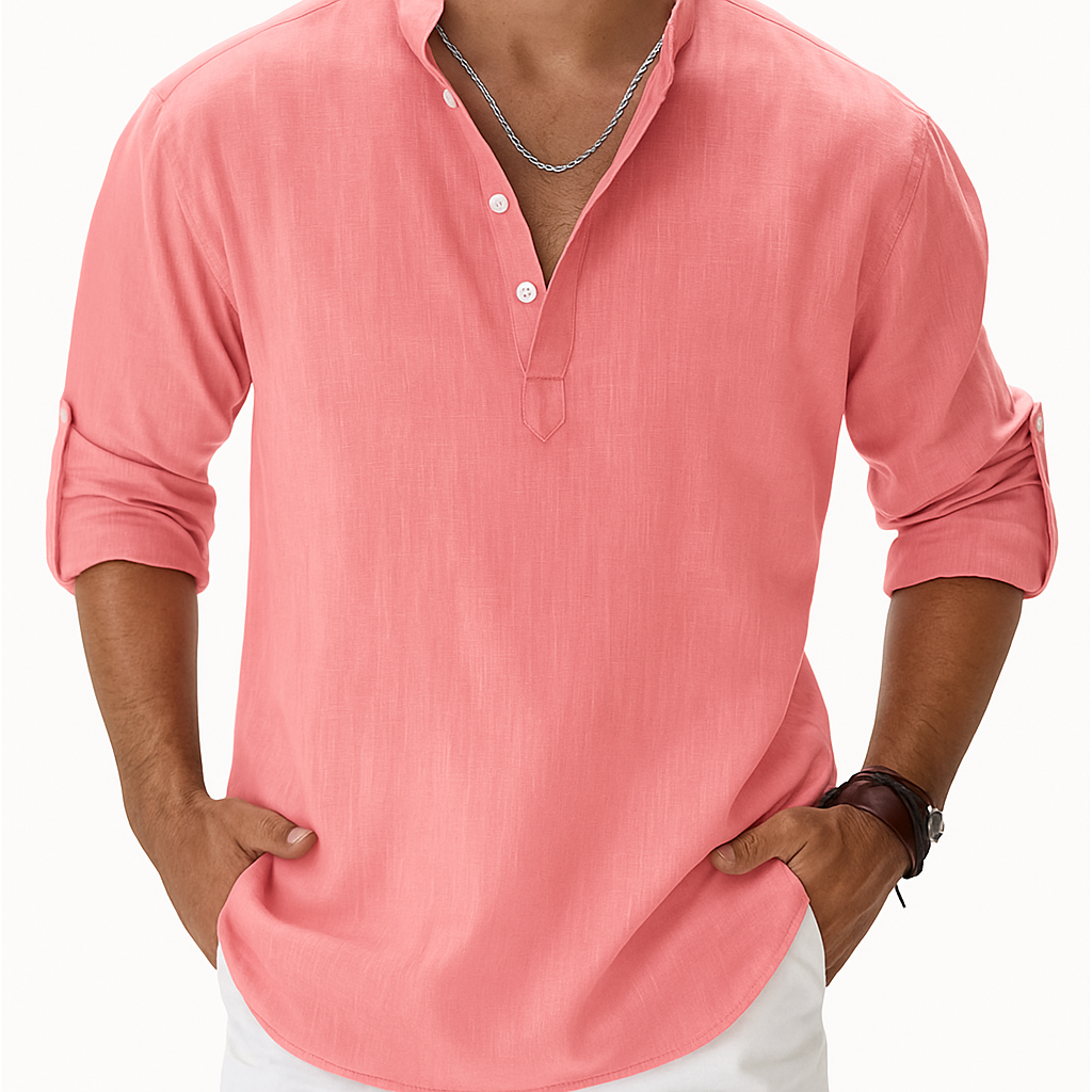 Men’s Cotton-Linen Henley Shirt – Long Sleeve with Band Collar
