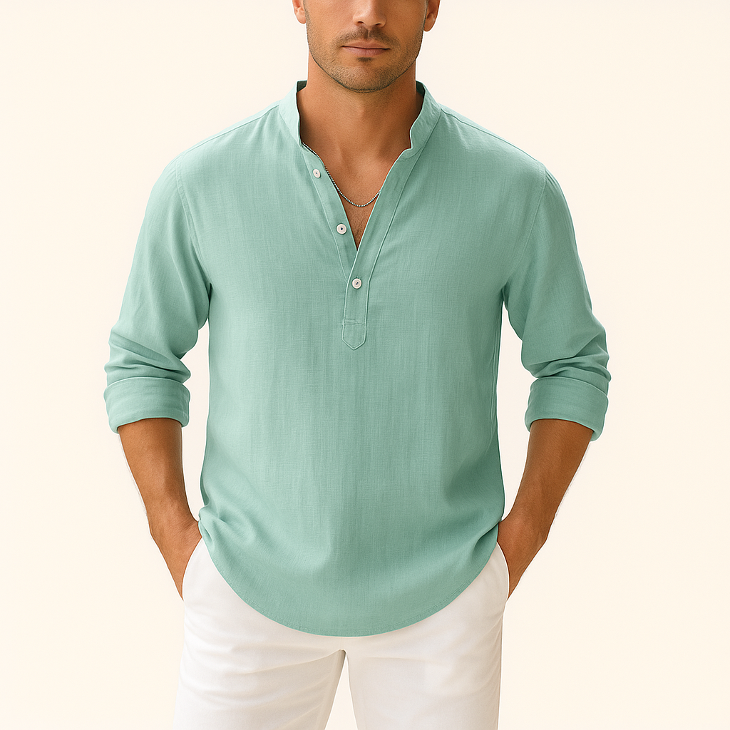 Men’s Cotton-Linen Henley Shirt – Long Sleeve with Band Collar