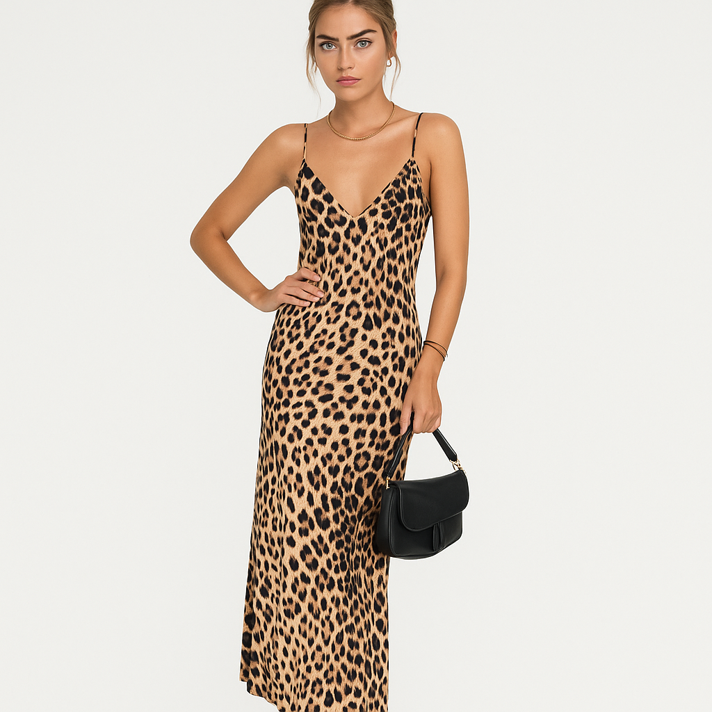 Women's Leopard Print Satin Slip Maxi Dress – Open Back