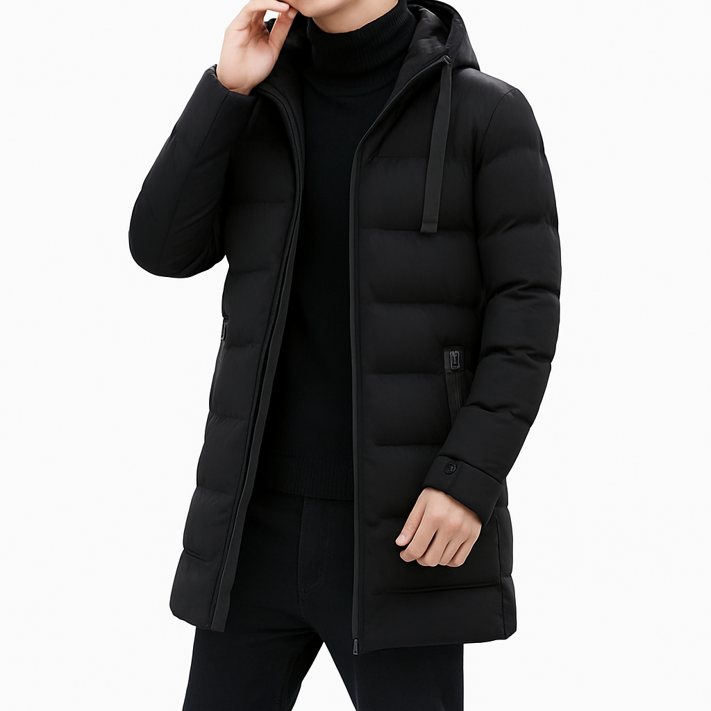 Men’s Long Parka Coat – Waterproof Windproof, Padded Hood, Smart Casual