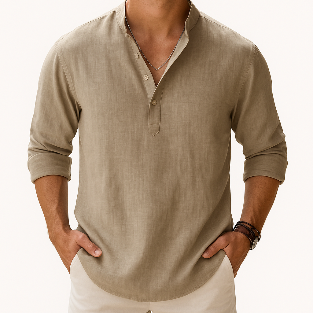 Men’s Cotton-Linen Henley Shirt – Long Sleeve with Band Collar