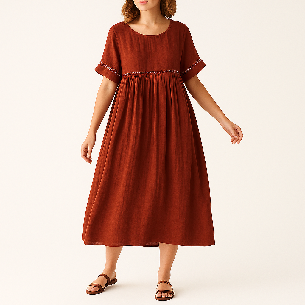 Women's Short Sleeve Linen Maxi Dress with Embroidered Details