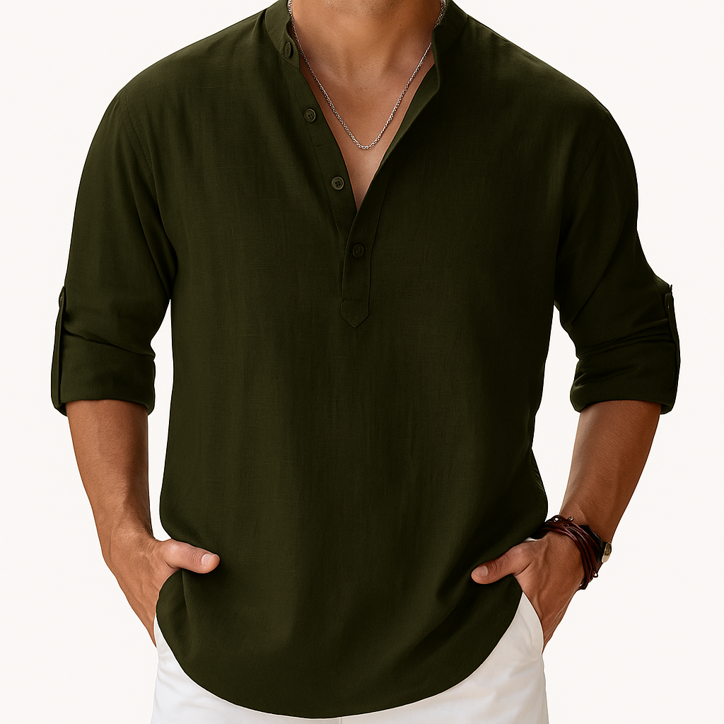 Men’s Cotton-Linen Henley Shirt – Long Sleeve with Band Collar