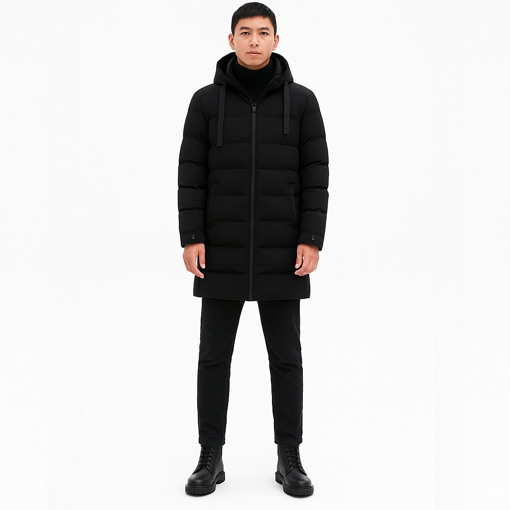 Men’s Long Parka Coat – Waterproof Windproof, Padded Hood, Smart Casual