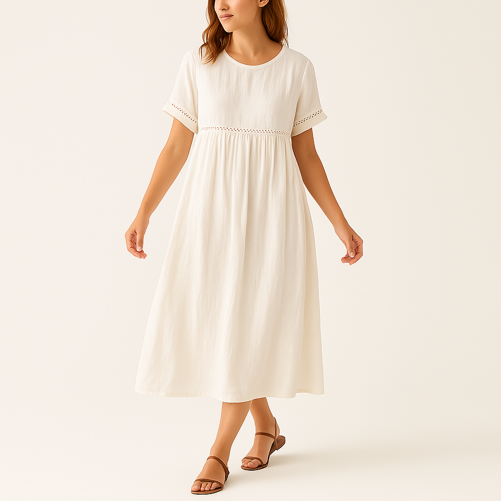 Women's Short Sleeve Linen Maxi Dress with Embroidered Details