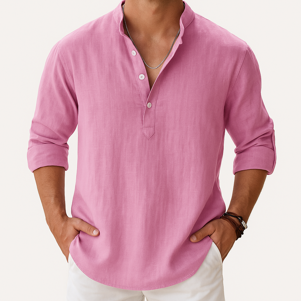 Men’s Cotton-Linen Henley Shirt – Long Sleeve with Band Collar