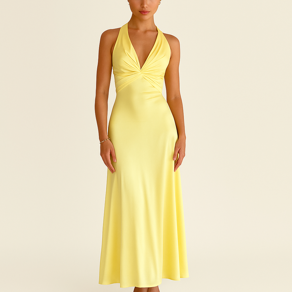 Women's Satin Halter Neck Evening Gown – Sleeveless Formal Dress