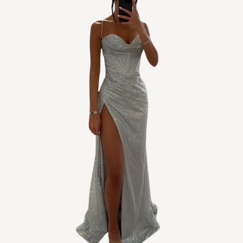Women's Satin Corset Maxi Dress – Elegant Formal Gown with Thigh Slit