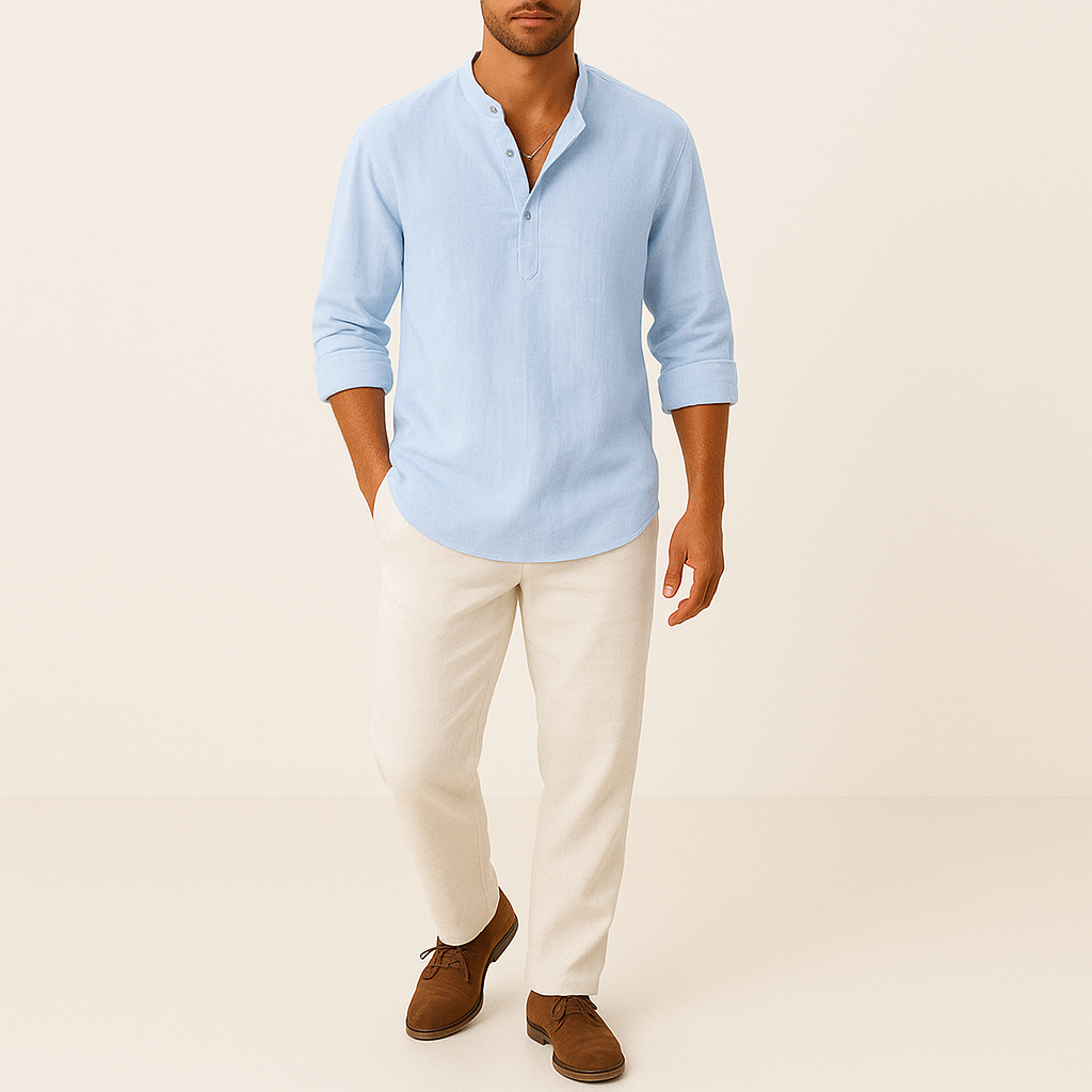 Men's Linen Blend Henley Shirt – Long Sleeve Casual Regular Fit