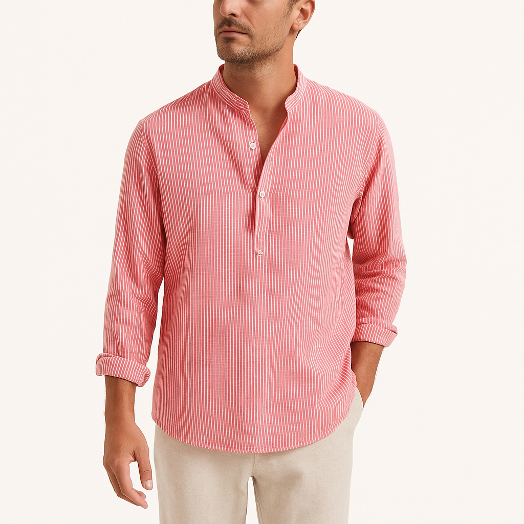 Men’s Striped Cotton-Linen Henley Shirt – Band Collar, Long Sleeve, Casual Fit