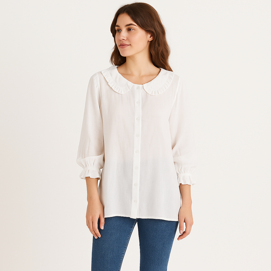 Women's Cotton Linen Blouse with Ruffled Peter Pan Collar