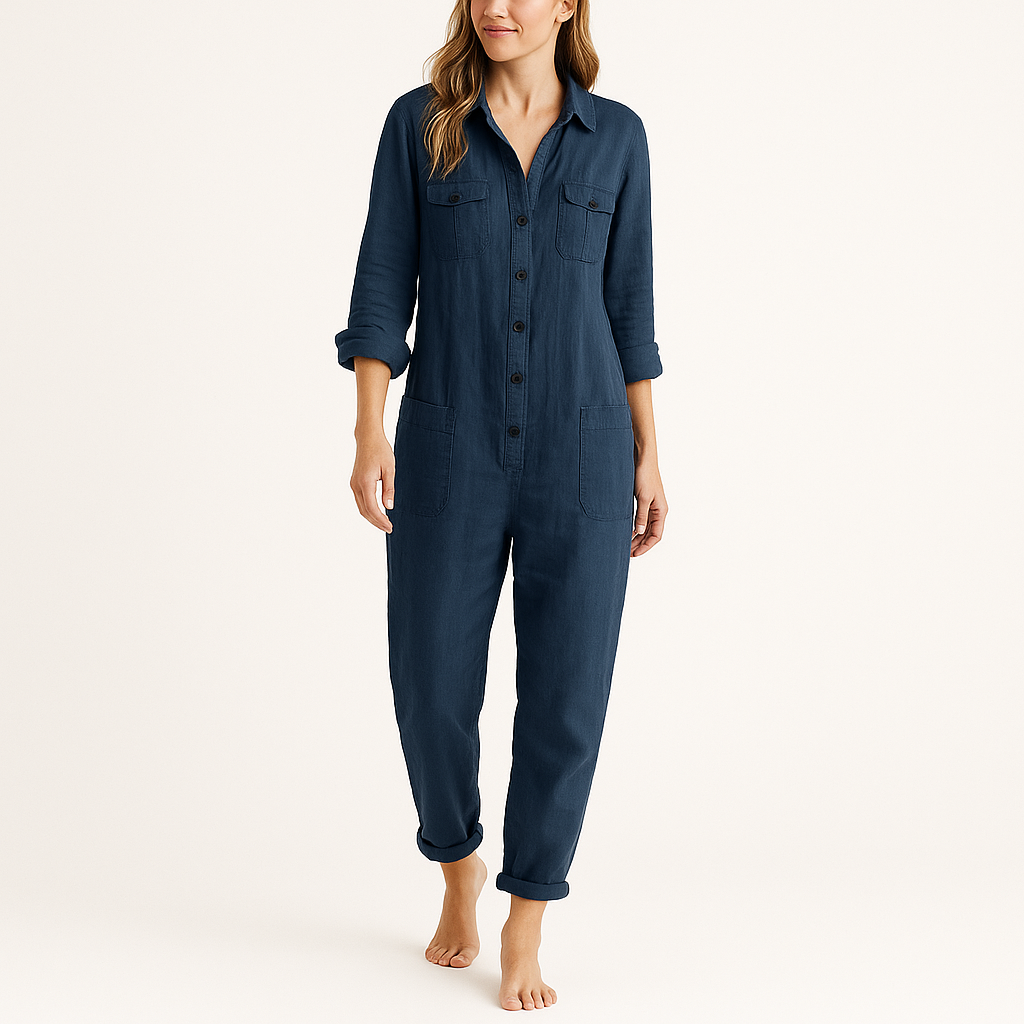 Women's Long Sleeve Utility Jumpsuit – Button Front, Straight Leg
