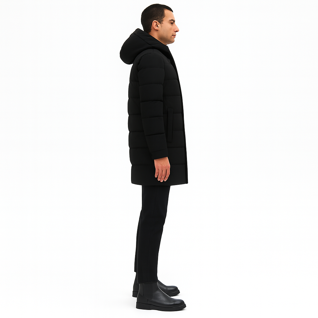 Men’s Long Parka Coat – Waterproof Windproof, Padded Hood, Smart Casual