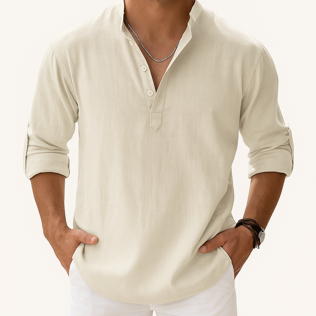 Men’s Cotton-Linen Henley Shirt – Long Sleeve with Band Collar