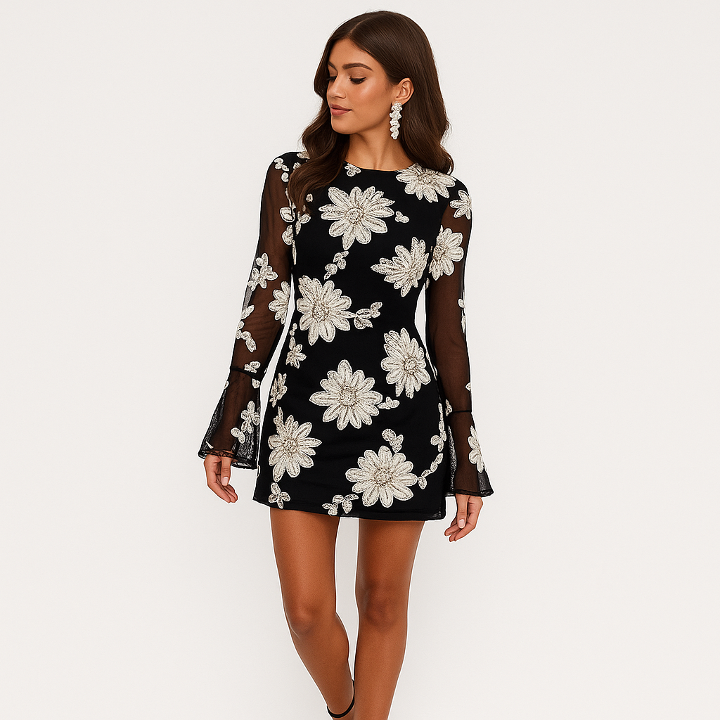Floral Mesh Bell Sleeve Mini Dress – Elegant Spring Party Outfit