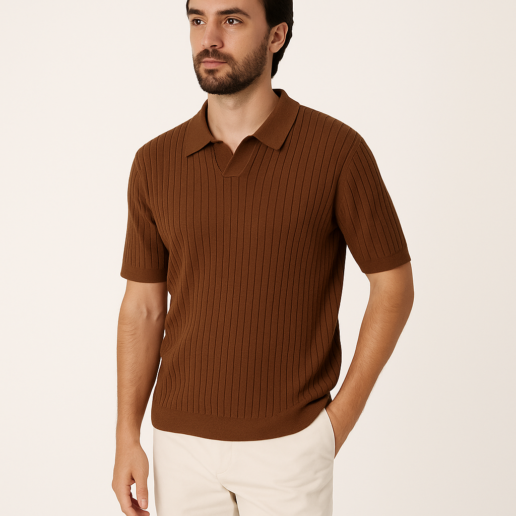 Men’s Ribbed Knit Polo Shirt – Short Sleeve Summer Casual Top