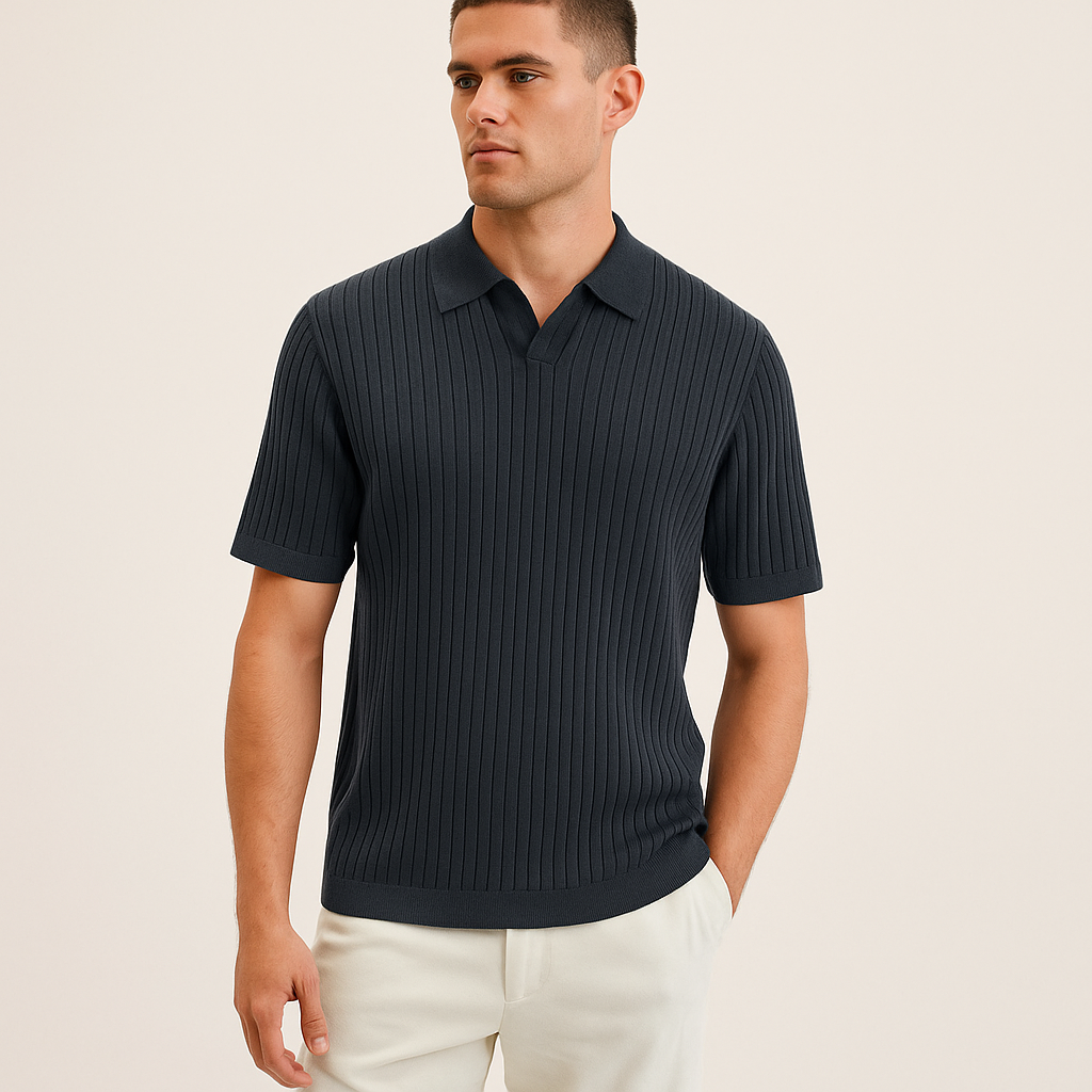 Men’s Ribbed Knit Polo Shirt – Short Sleeve Summer Casual Top