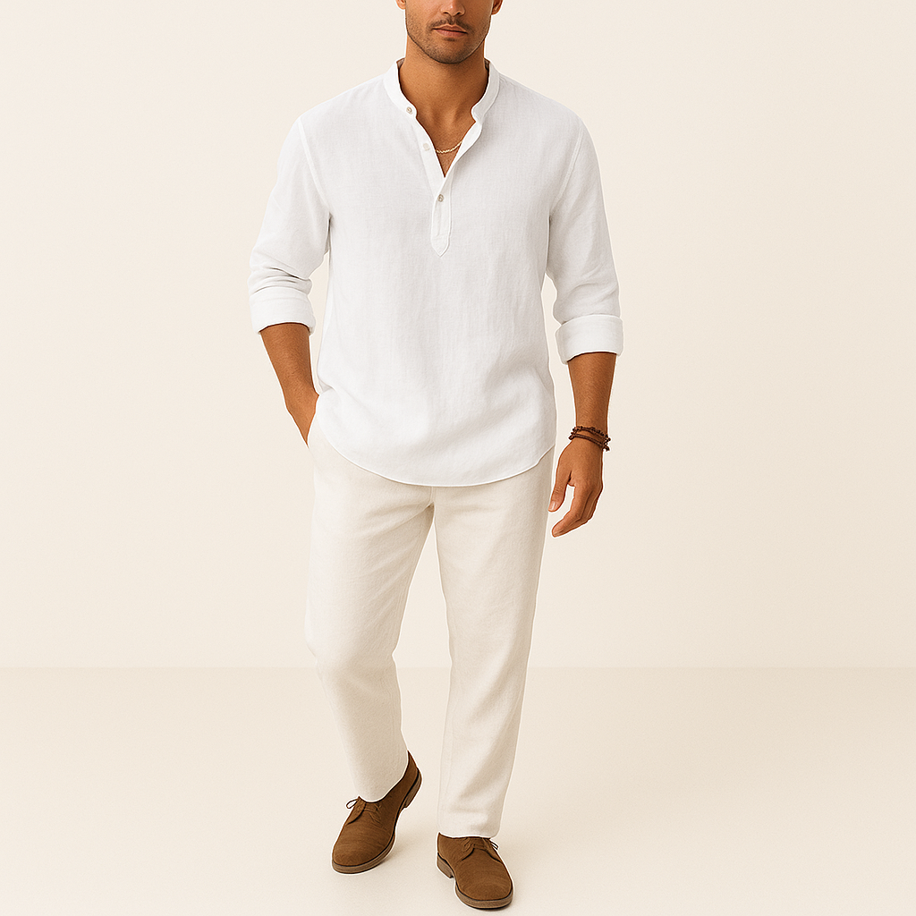 Men's Linen Blend Henley Shirt – Long Sleeve Casual Regular Fit